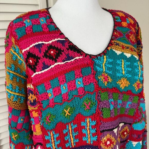 Vintage Rainbow Multicolor Knit Sweater 80s 90s Funky Grandma 3D Size XL - Picture 2 of 10